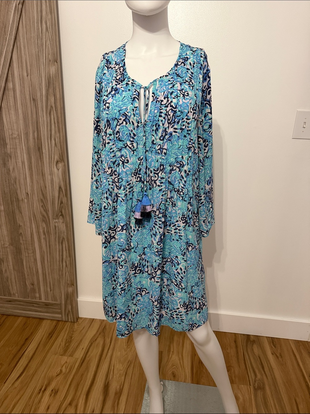 Lilly Pulitzer Aqua and Navy Floral Tie-Neck Long Sleeve Dress